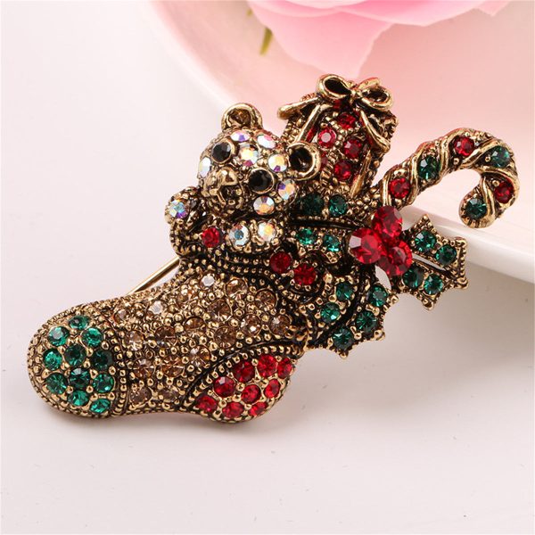 Red Cubic Zirconia & 18K Gold-Plated Christmas Gift Box Stocking Brooch Online Hot Sale