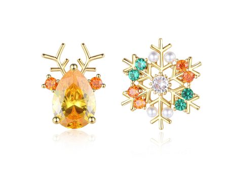 Pearl & Yellow Crystal Mismatch Antler Snowflake Stud Earrings Supply