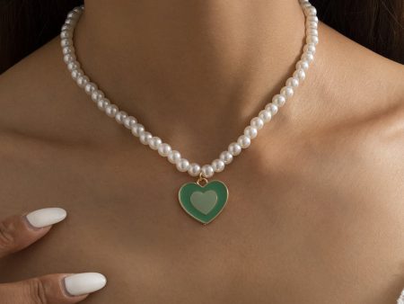 Pearl & Green Enamel 18K Gold-Plated Heart Pendant Beaded Necklace Online Hot Sale