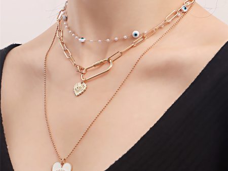 Pearl & Enamel 18K Gold-Plated Eye Heart Pendant Necklace Set For Sale