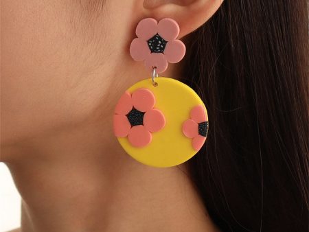 Yellow & Pink Floral Disc Drop Earrings Online now