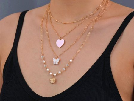 Pearl & Pink Enamel 18K Gold-Plated Heart Pendant Layered Necklace For Sale