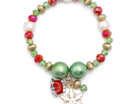 Pearl & Two-Tone Snowflake Bell Stretch Charm Bracelet Hot on Sale