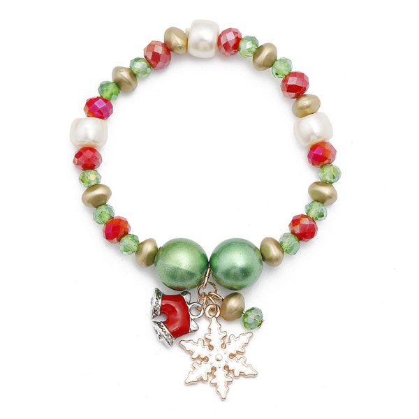 Pearl & Two-Tone Snowflake Bell Stretch Charm Bracelet Hot on Sale