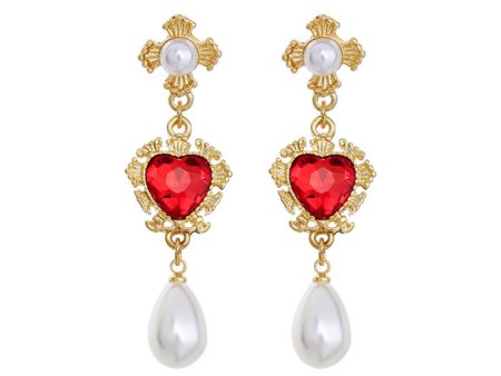 Pearl & Red Crystal 18K Gold-Plated Heart Drop Earrings For Discount