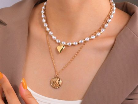 Pearl & 18K Gold-Plated Heart Sun Coin Layered Necklace For Sale