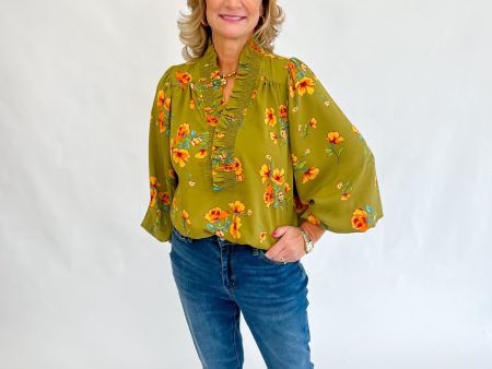 Sophia Smocked Blouse-Olive Cheap