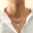 Pearl & Red Enamel Beaded Snowman Pendant Necklace For Cheap