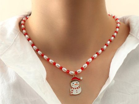 Pearl & Red Enamel Beaded Snowman Pendant Necklace For Cheap