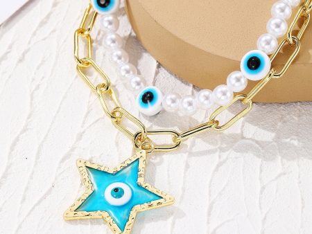 Pearl & Light Blue Enamel 18K Gold-Plated Star Pendant Eye Station Layered Necklace Online