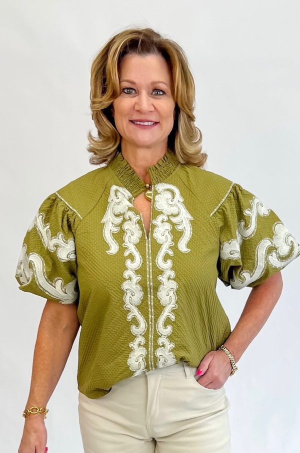 [THML] Olive Elegance Embroidered Top on Sale