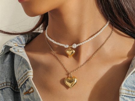 Pearl & 18K Gold-Plated Heart Pendant Necklace Set For Cheap