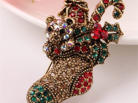 Red Cubic Zirconia & 18K Gold-Plated Christmas Gift Box Stocking Brooch Online Hot Sale