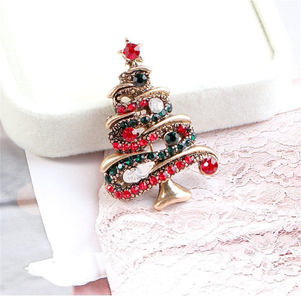 Red Cubic Zirconia & 18K Gold-Plated Christmas Tree Brooch Online Sale