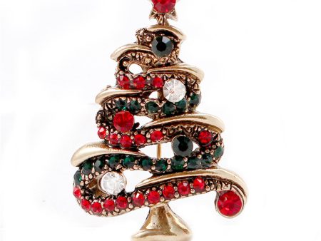 Red Cubic Zirconia & 18K Gold-Plated Christmas Tree Brooch Online Sale