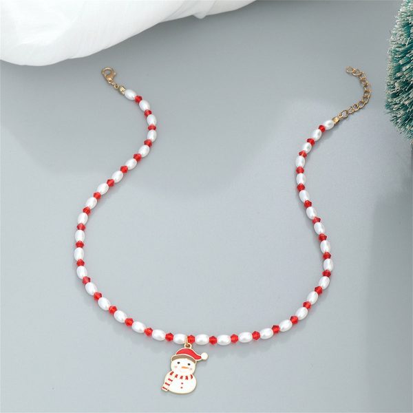 Pearl & Red Enamel Beaded Snowman Pendant Necklace For Cheap