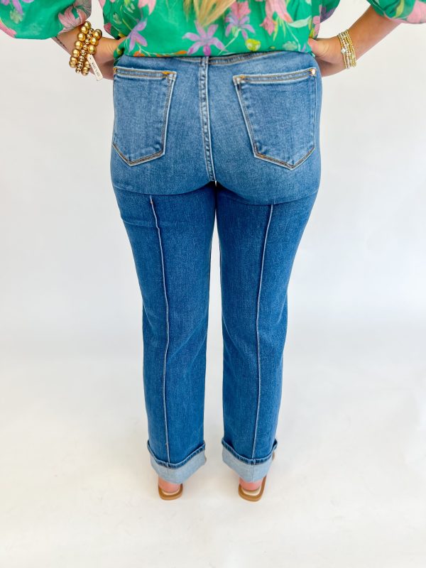 [Judy Blue] High Waist Front Seam Cuffed Straight Denim Fashion