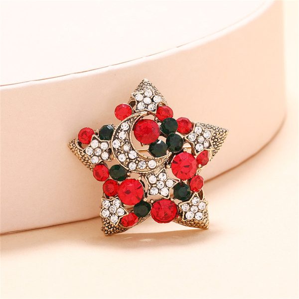 Red Cubic Zirconia & 18K Gold-Plated Moon Star Brooch Sale