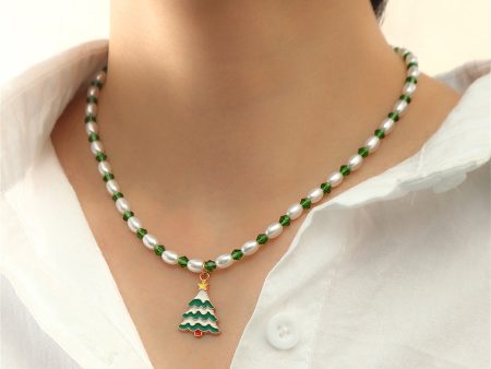 Pearl & Green Enamel Acrylic 18K Gold-Plated Festive Tree Pendant Necklace Discount