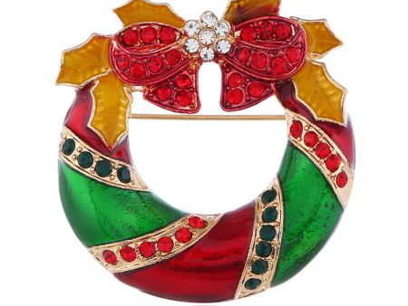 Red Cubic Zirconia & Enamel 18K Gold-Plated Christmas Bow Wreath Brooch Supply