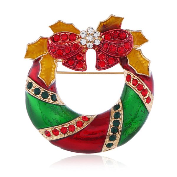 Red Cubic Zirconia & Enamel 18K Gold-Plated Christmas Bow Wreath Brooch Supply