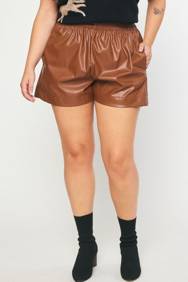 Plus Size-When In Doubt Faux Leather Shorts-Walnut Discount