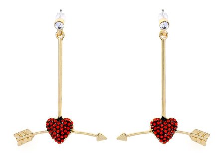 Red Cubic Zirconia & 18K Gold-Plated Arrow Heart Drop Earrings For Sale