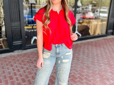 Easy Poplin Button Down Top-Red Online now