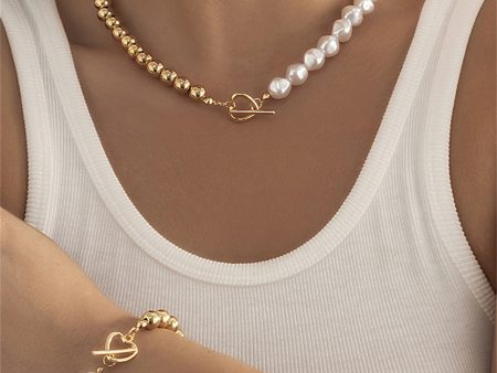 Pearl & 18K Gold-Plated Heart Toggle Necklace & Bracelet Set For Discount