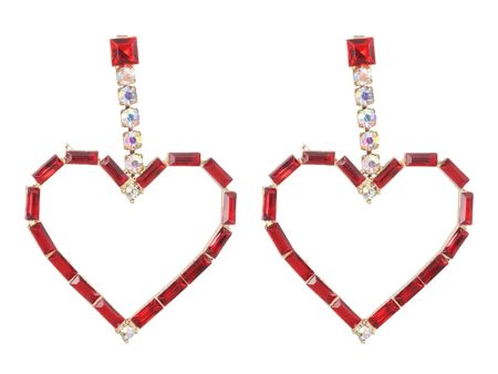 Red Crystal & Cubic Zirconia Open Heart Drop Earrings Fashion