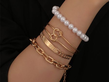 Pearl & 18K Gold-Plated  LOVE  Knot Cuff Bracelet Set on Sale