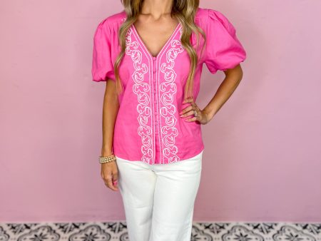 Malia Embroidered Bubble Sleeve Top Hot on Sale