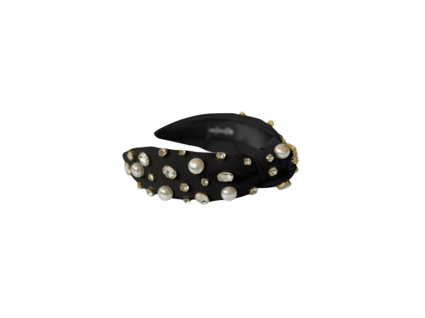 [Brianna Cannon] Black Twill Headband-Pearls Crystals Online Sale