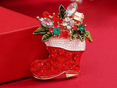 Crystal & Red Cubic Zirconia Christmas Stocking Brooch Cheap