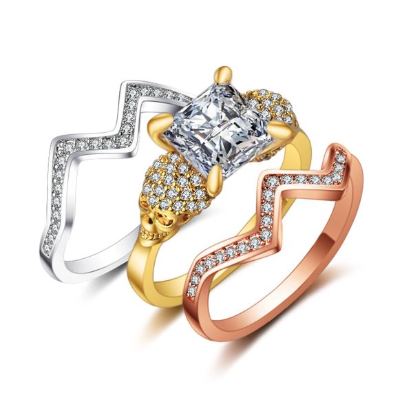 Crystal & Cubic Zirconia Tri-Tone Skull & Band Ring Set Online Sale