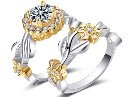 Cubic Zirconia & Two-Tone Flower Band Ring Set Online now