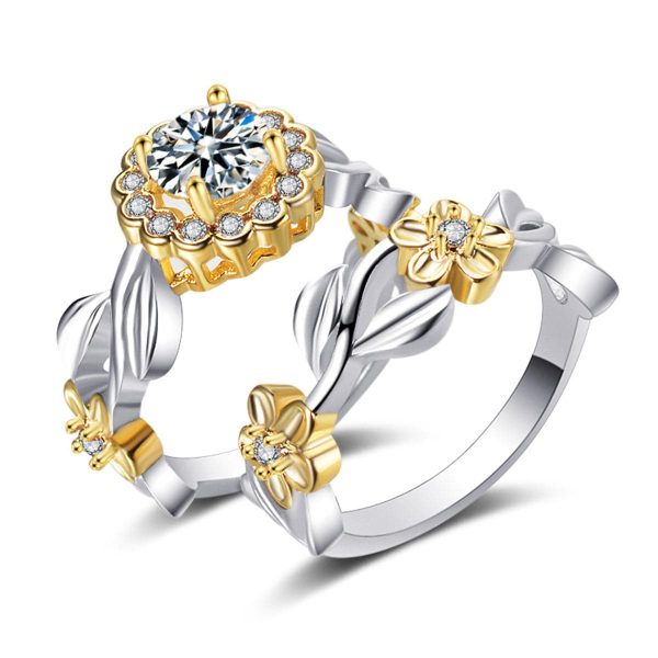 Cubic Zirconia & Two-Tone Flower Band Ring Set Online now