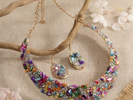 Multicolor Resin & 18K Gold-Plated Oval Cluster Statement Necklace & Drop Earrings Supply