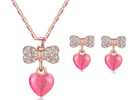 Cats Eye & Cubic Zirconia Bow Heart Drop Earrings & Pendant Necklace Fashion