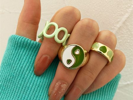 Green Enamel & 18K Gold-Plated Yin Yang Heart Ring Set Hot on Sale