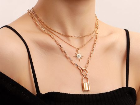 Cubic Zirconia & 18K Gold-Plated Lock Star Layered Pendant Necklace on Sale