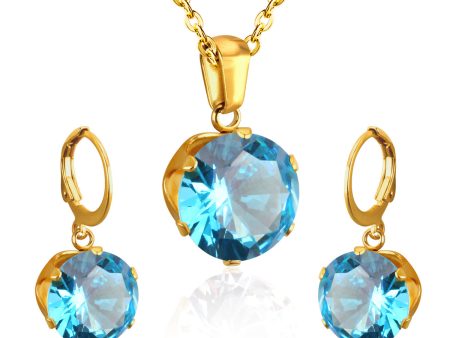 Light Blue Cubic Zirconia & 18K Gold-Plated Huggie Earrings & Pendant Necklace Fashion