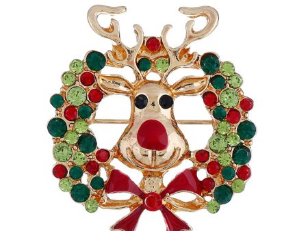 Cubic Zirconia & Enamel 18K Gold-Plated Reindeer Wreath Brooch Cheap