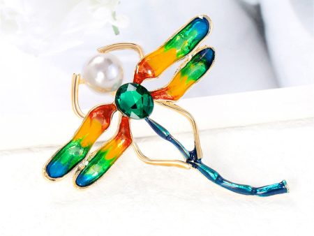 Crystal & Pearl Enamel 18K Gold-Plated Dragonfly Brooch Supply