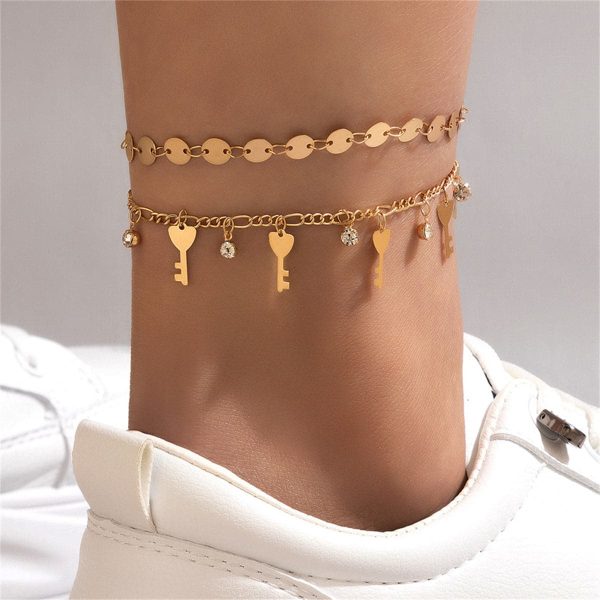 Cubic Zirconia & 18K Gold-Plated Heart Key Station Anklet Set Sale