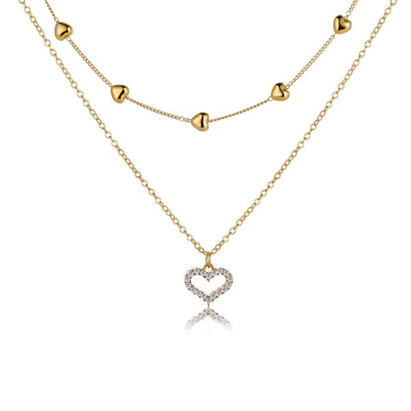 Cubic Zirconia & 18K Gold-Plated Heart Pendant Layered Necklace Supply