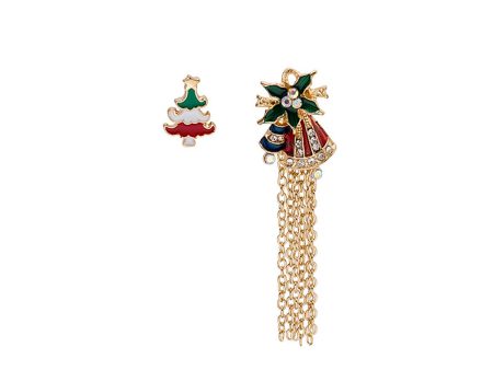 Green Enamel & Cubic Zirconia 18K Gold-Plated Christmas Tree Bell Tassel Brooch Set For Discount