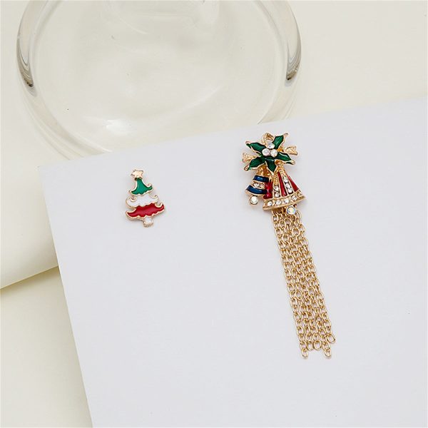 Green Enamel & Cubic Zirconia 18K Gold-Plated Christmas Tree Bell Tassel Brooch Set For Discount